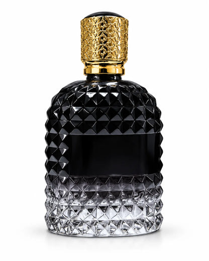 100ml premium diamond cut glass perfume bottle with black gradient finish, engraved golden cap and luxury fragrance packaging design at Bio Shop Pakistan.
