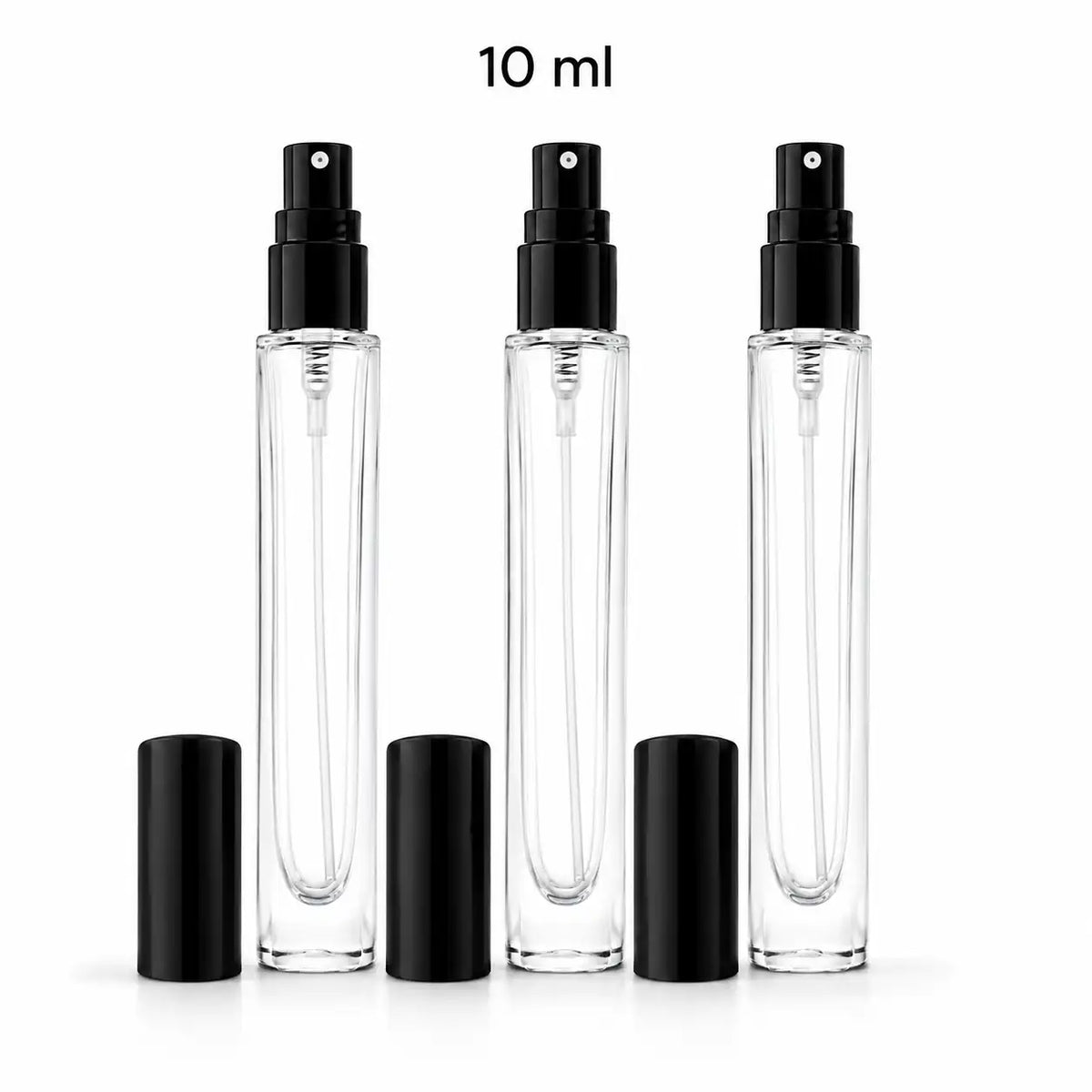 10 ml clear perfume spray bottle with black atomizer and black cap for fragrance samples