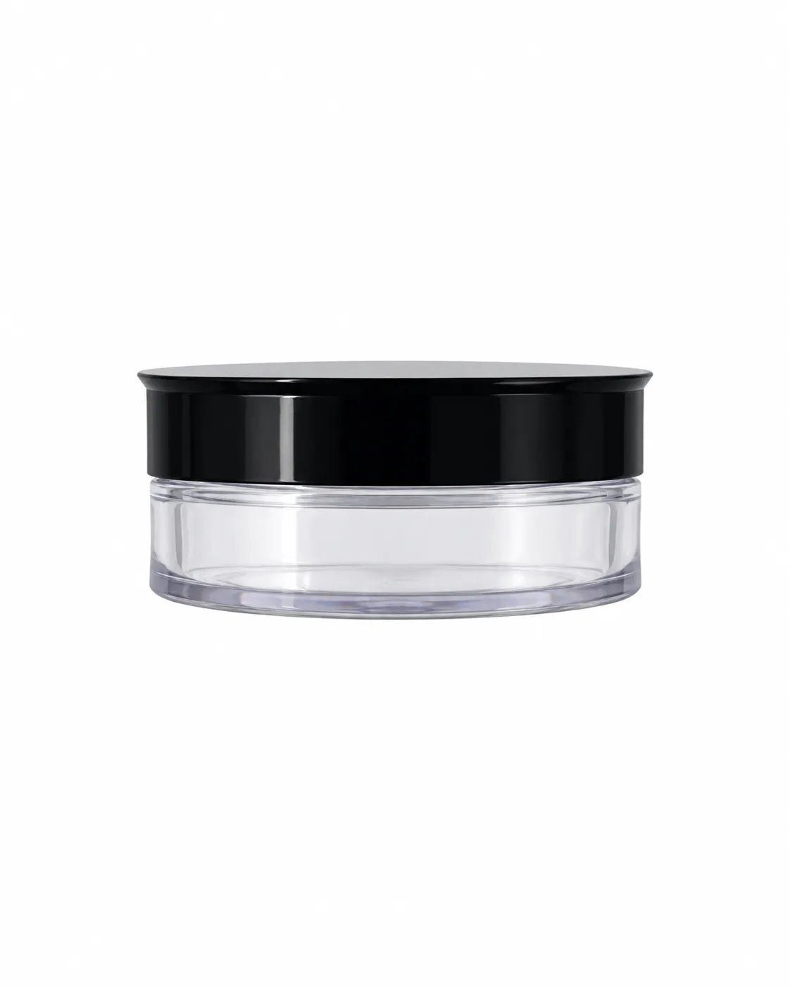 Single empty 10gm clear round cosmetic sample jar on white background
