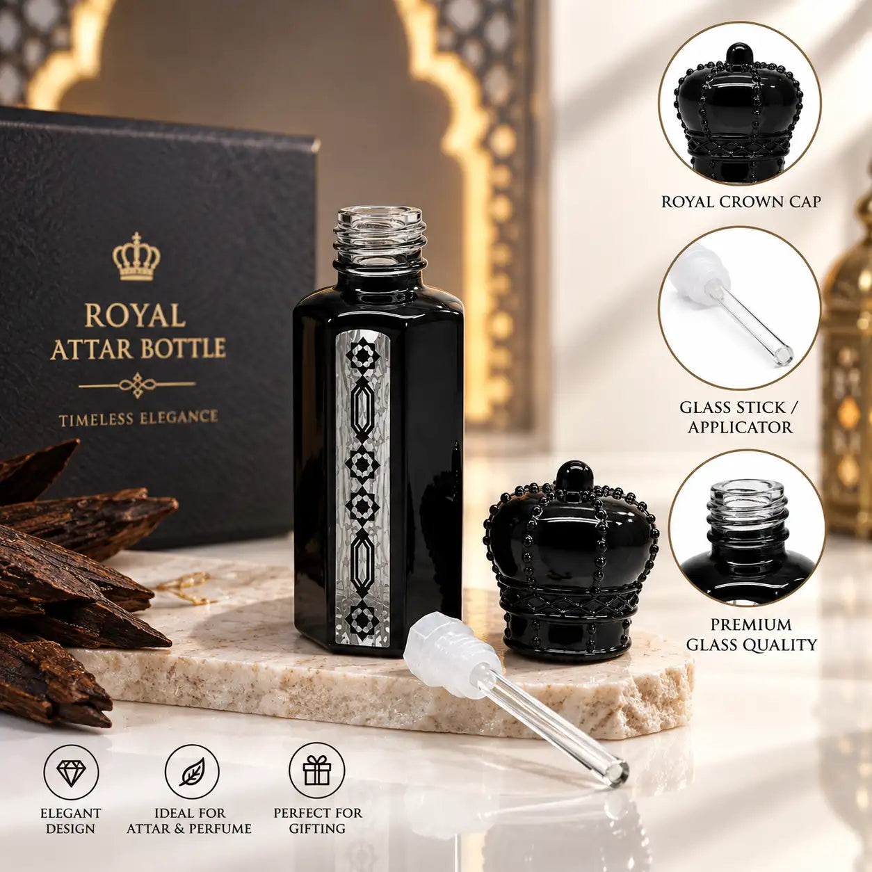 Premium black crown attar bottle available in 3ml and 12ml for attar and perfume oils