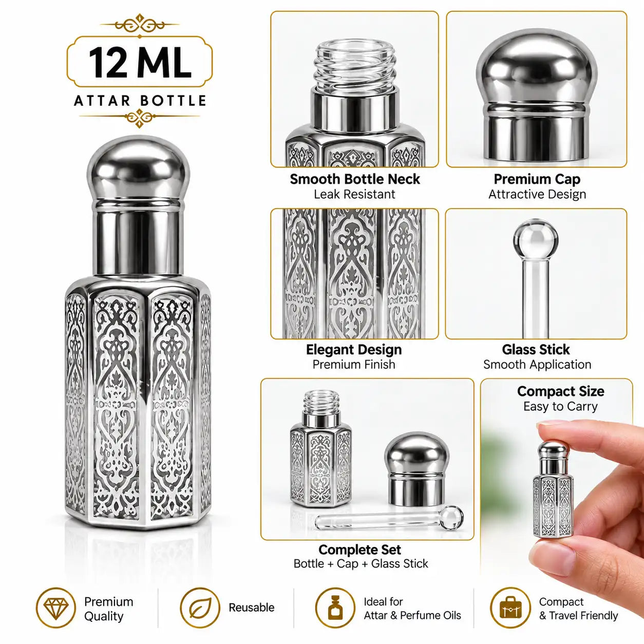 12ml silver perfume oil bottle with decorative Oriental design