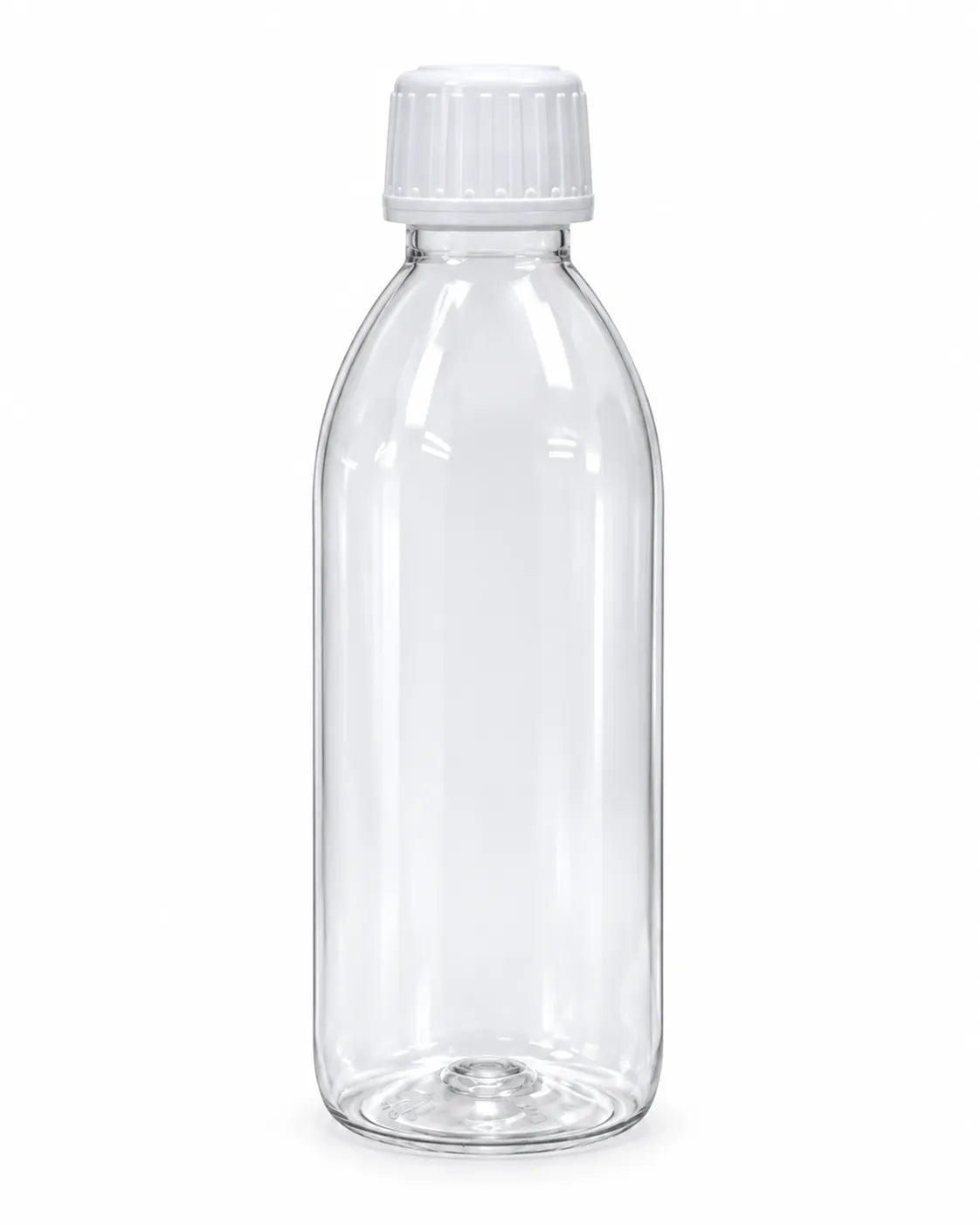 120ml clear PET plastic bottle with white screw cap on white background