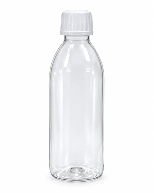 120ml clear PET plastic bottle with white screw cap on white background