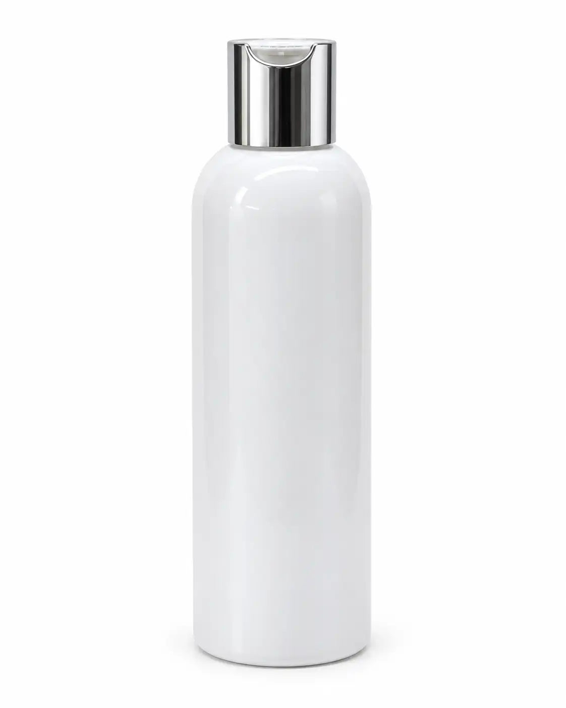 250ml white press top cosmetic bottle with silver cap