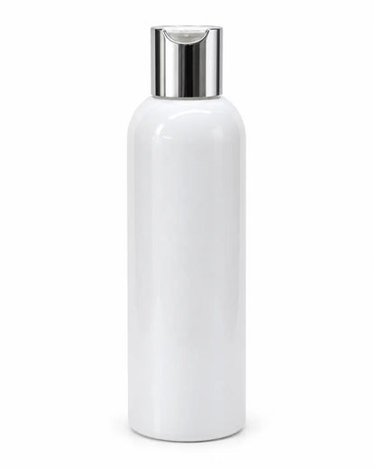 250ml white press top cosmetic bottle with silver cap