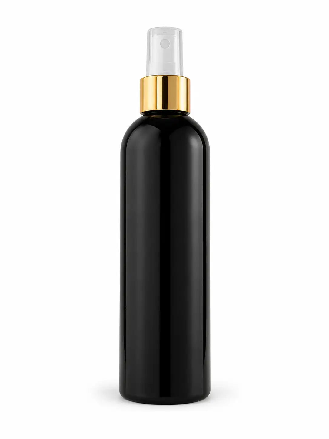 250ml black fine mist spray bottle with gold collar