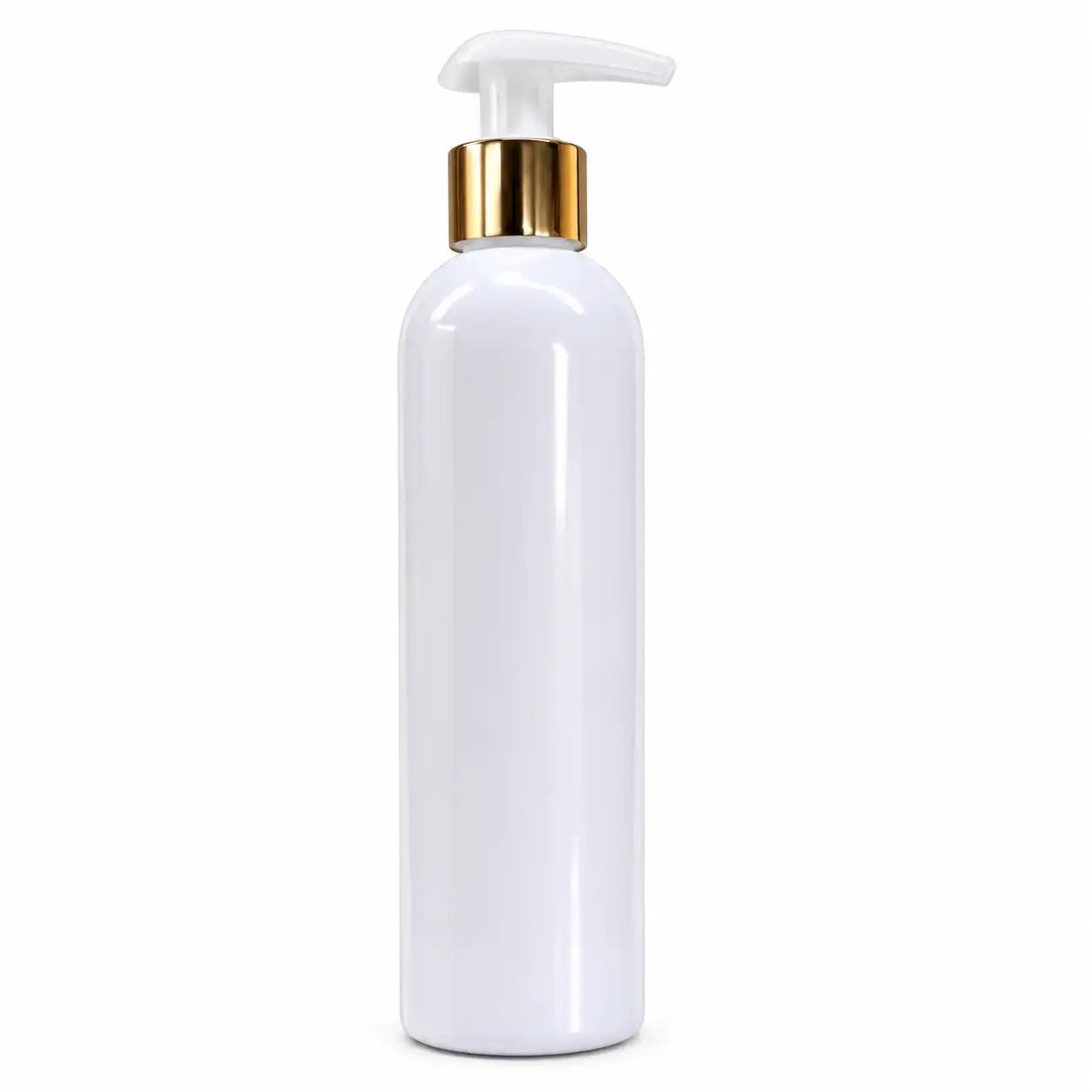 250ml white cosmetic pump bottle with gold collar