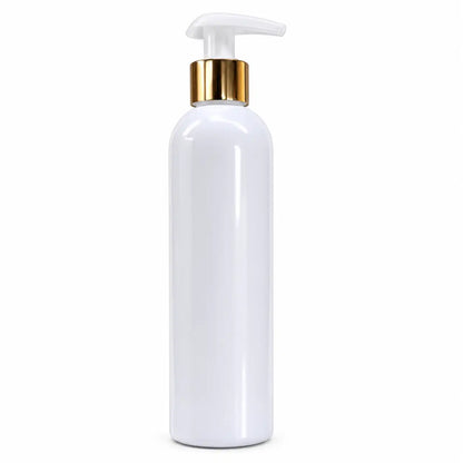 250ml white cosmetic pump bottle with gold collar