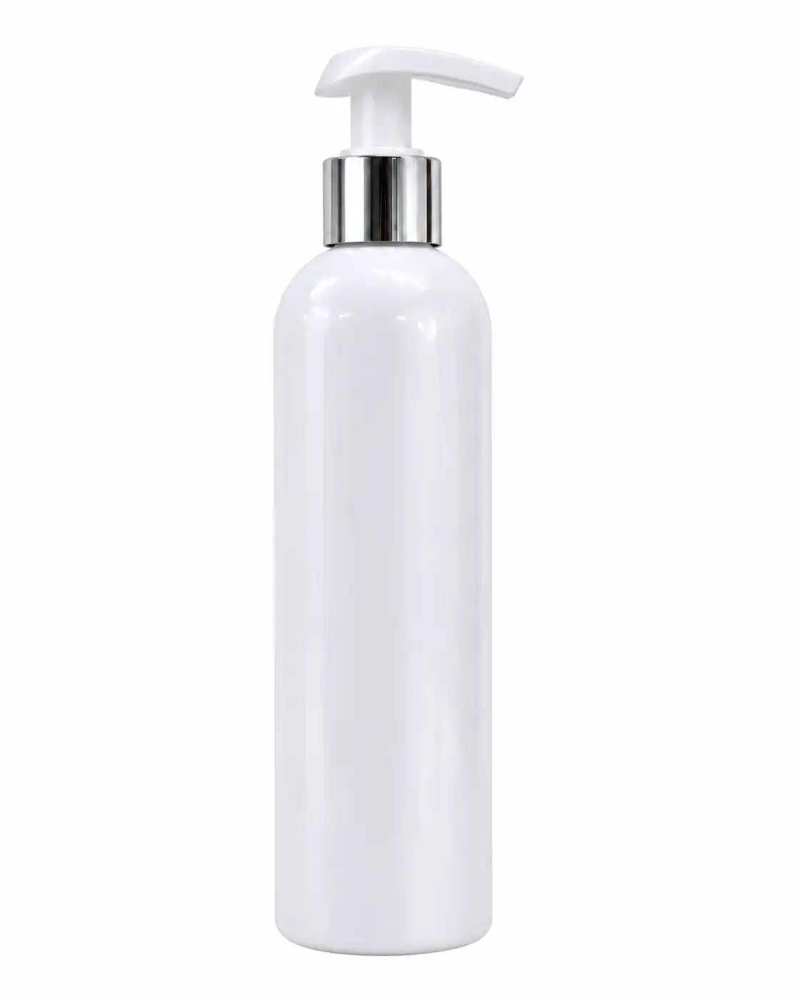 250ml white pump bottle with silver metallic collar