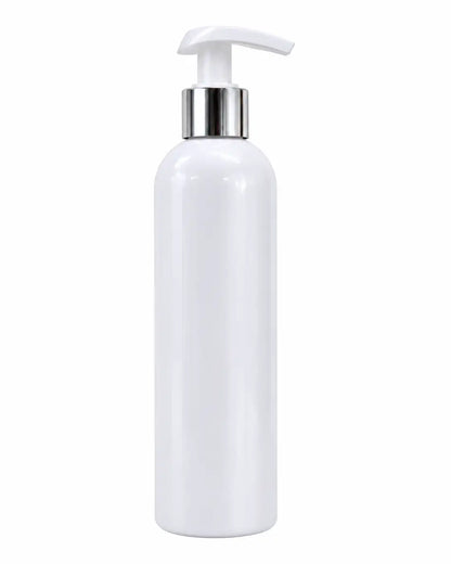 250ml white pump bottle with silver metallic collar