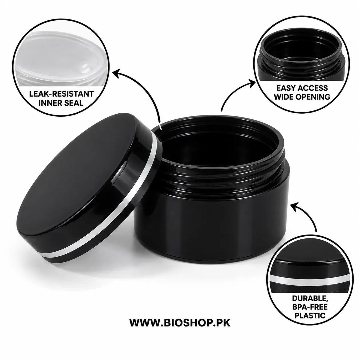 1. Premium 30gm black cosmetic packaging jar with inner seal and screw lid – Bio Shop™ Pakistan