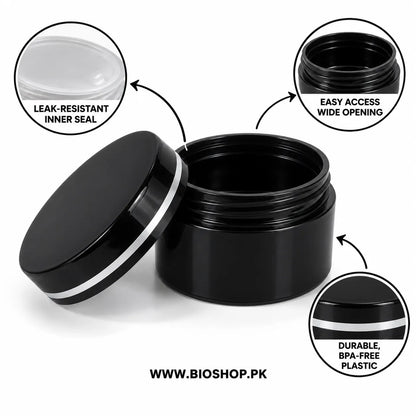 1. Premium 30gm black cosmetic packaging jar with inner seal and screw lid – Bio Shop™ Pakistan