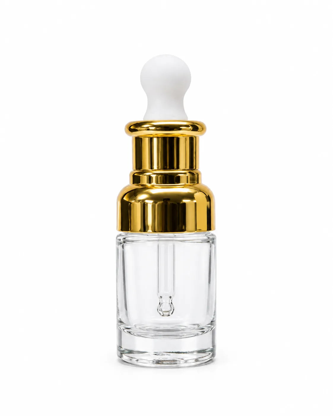 30ml clear glass serum dropper bottle with gold collar and white bulb on white background