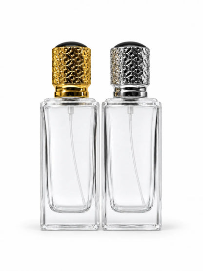 30ml clear glass crimping perfume bottles with gold and silver decorative caps and internal spray pipes – Bio Shop™ Pakistan