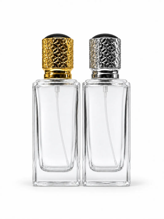 30ml clear glass crimping perfume bottles with gold and silver decorative caps and internal spray pipes – Bio Shop™ Pakistan