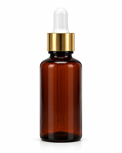 30ml amber plastic dropper bottle with golden collar, white dropper bulb and transparent pipette on a white background.