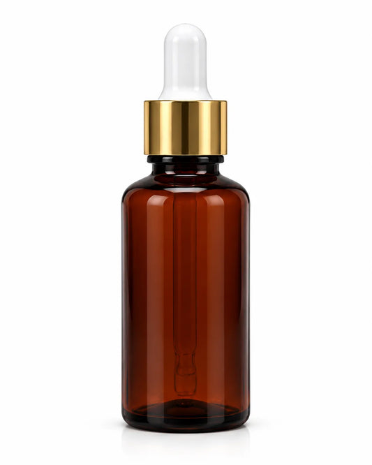 30ml amber plastic dropper bottle with golden collar, white dropper bulb and transparent pipette on a white background.