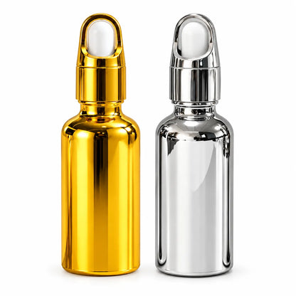 30ml empty metallic gold dropper bottle with a matching oval arch-style cap and white bulb on a white background.