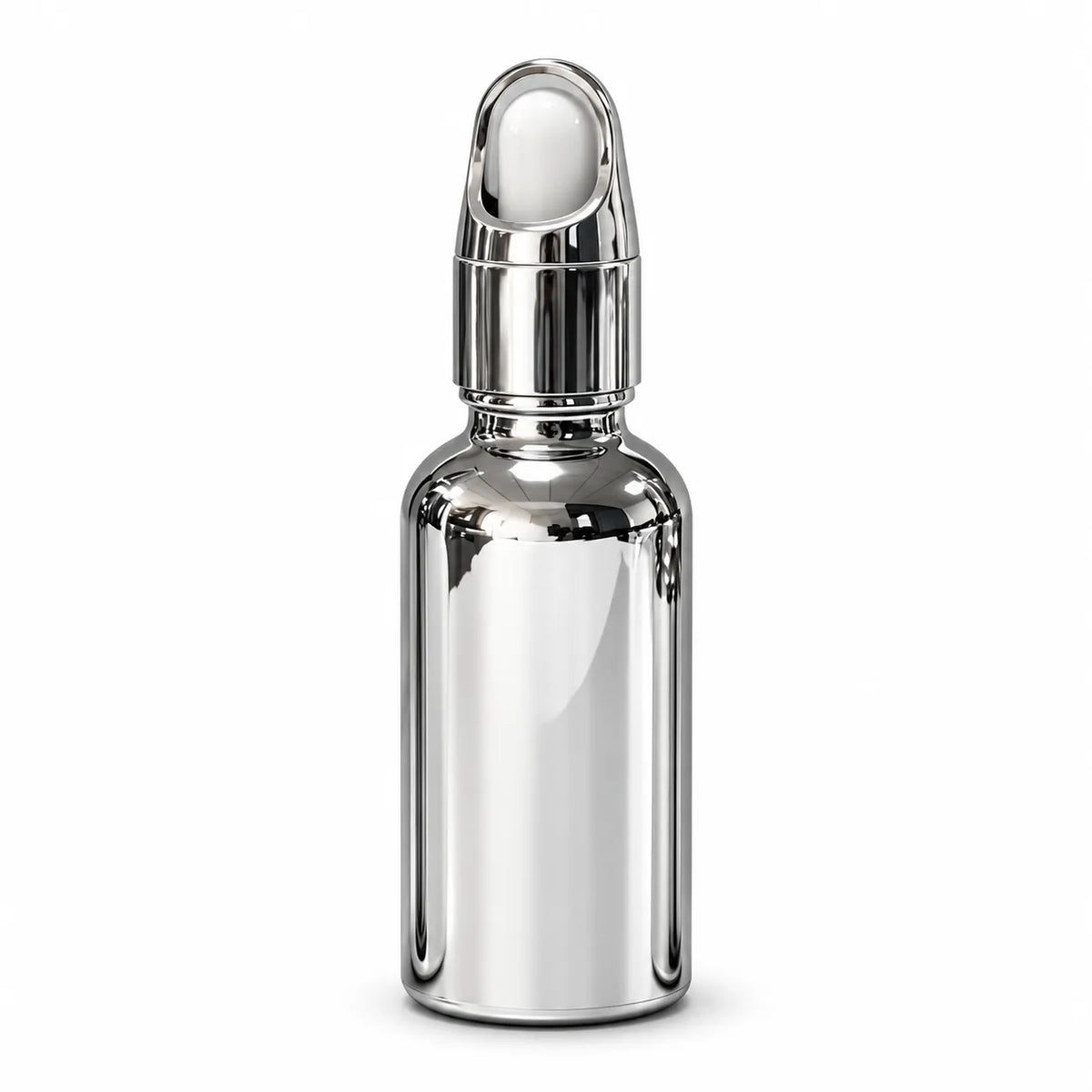 30ml empty metallic silver dropper bottle with a matching oval arch-style cap and white bulb on a white background.