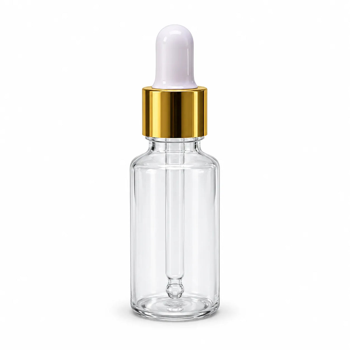 30ml clear plastic dropper bottle with glass pipette, gold collar and white bulb for serum and cosmetic oil packaging