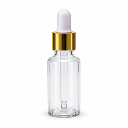 30ml clear plastic dropper bottle with glass pipette, gold collar and white bulb for serum and cosmetic oil packaging
