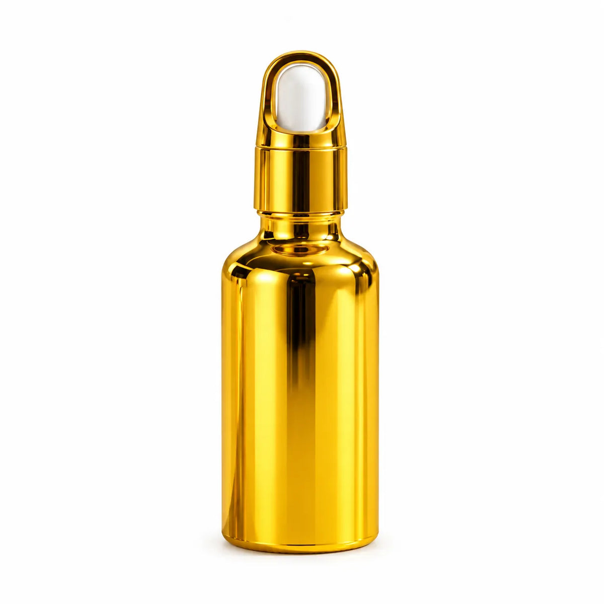30ml gold and silver empty dropper bottles side by side with matching caps and white bulbs on a white background.