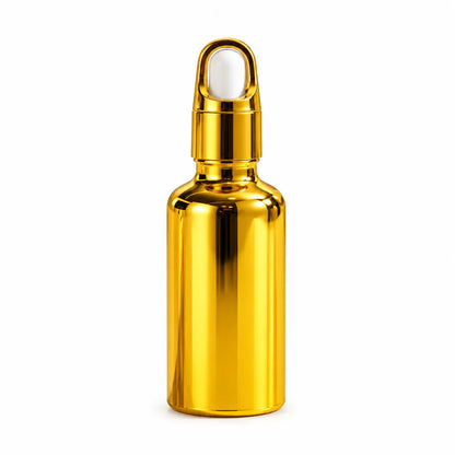 30ml gold and silver empty dropper bottles side by side with matching caps and white bulbs on a white background.