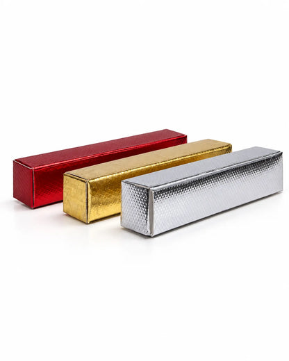 3ml and 5ml perfume tester boxes in red gold and silver metallic finish for mini fragrance bottle packaging at Bio Shop Pakistan
