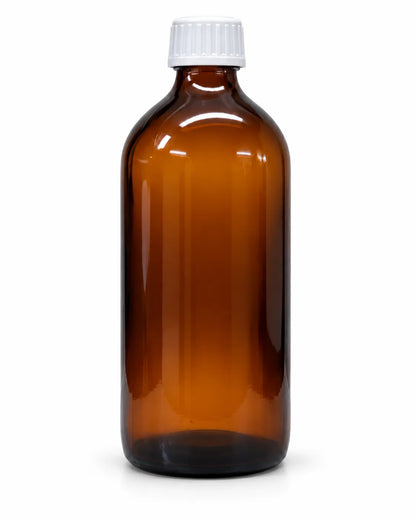 Empty 500ml amber brown glass bottle with white ribbed screw cap, front view on a clean white background – Bio Shop™ Pakistan.