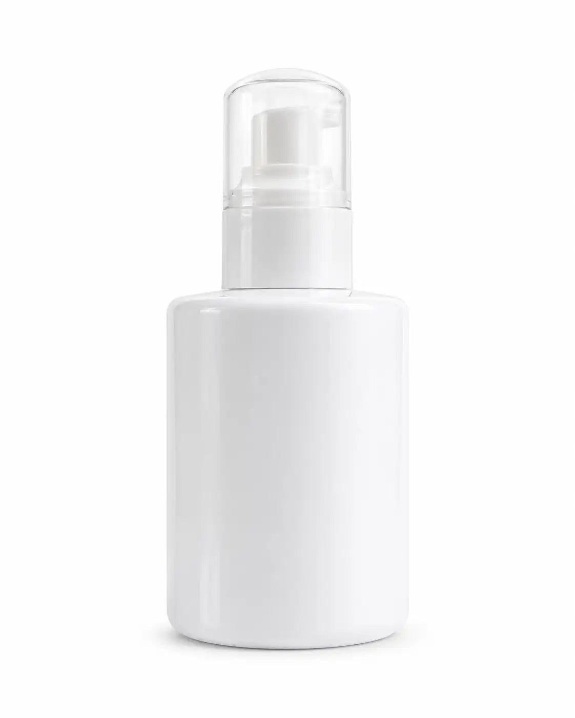 White cosmetic pump bottle with white dispenser pump on clean background