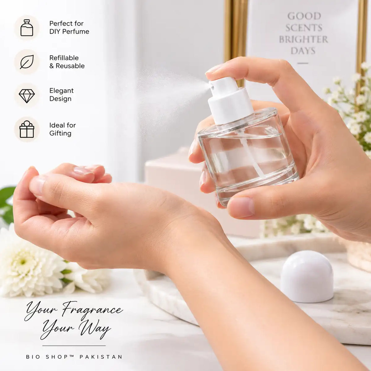 50ml clear glass crimp neck perfume spray bottle with white cap