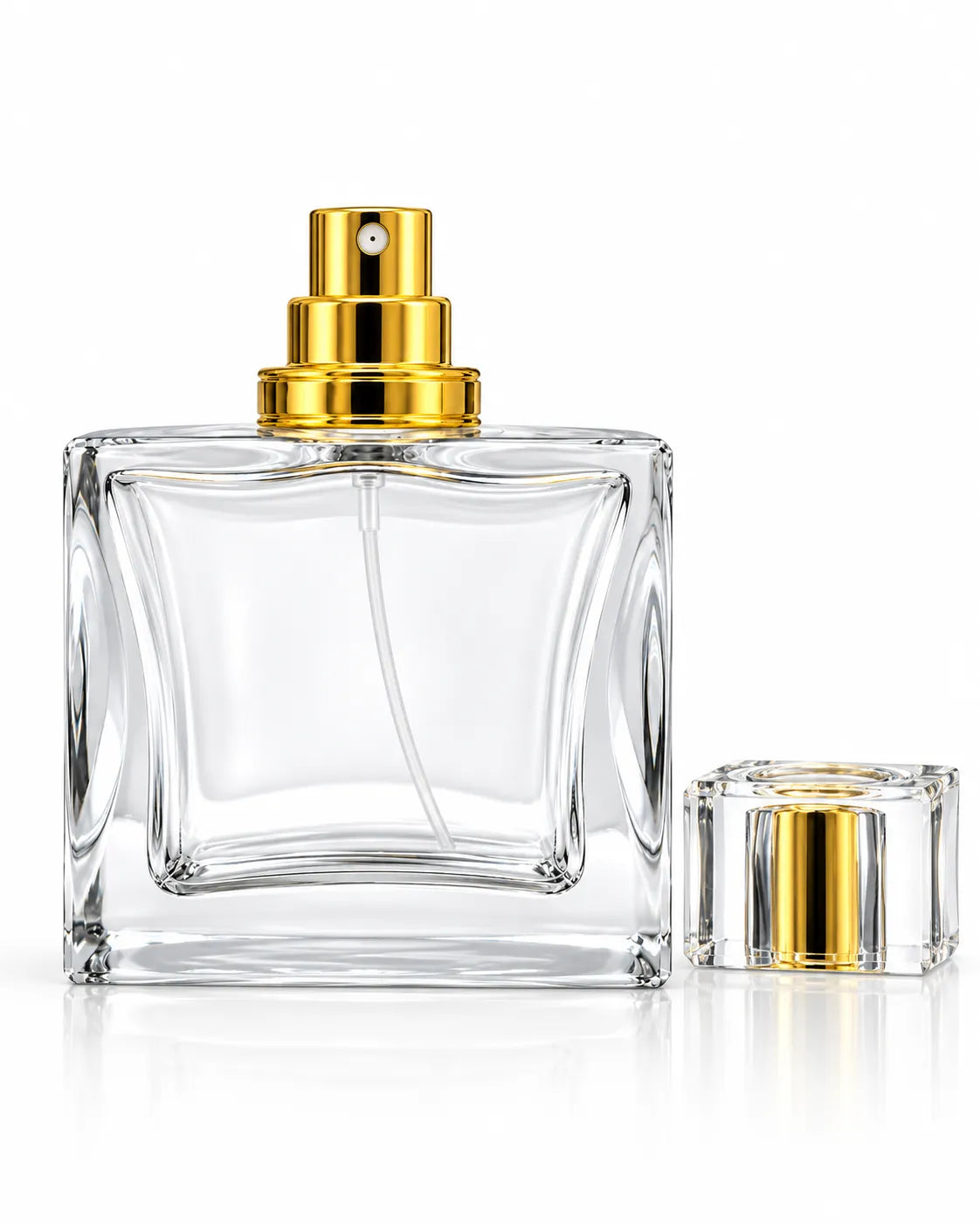 Premium 50ml clear glass perfume bottle featuring a decorative square transparent cap
