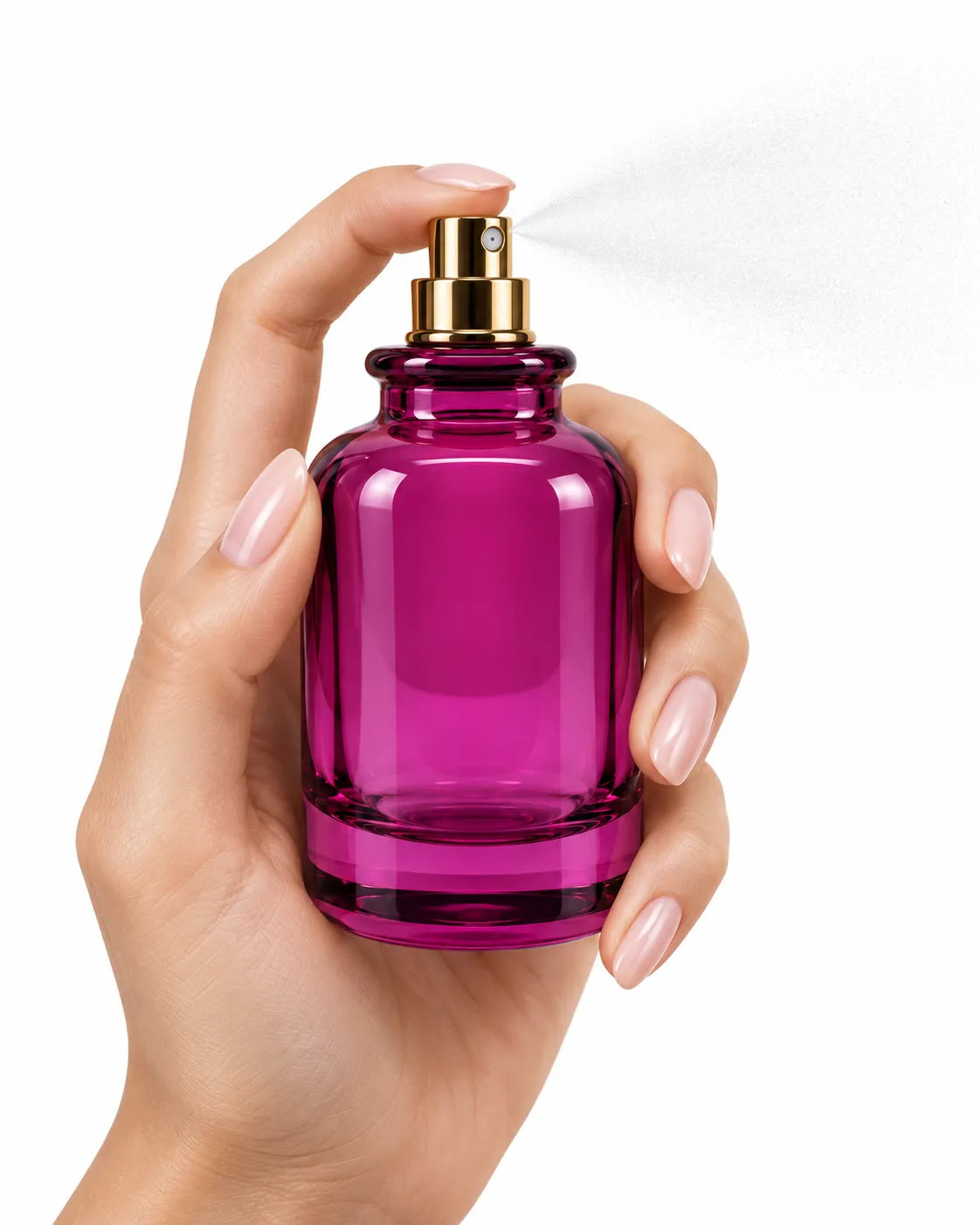 50ml magenta-purple glass crimping perfume bottle with rounded shoulders and a gold ball cap