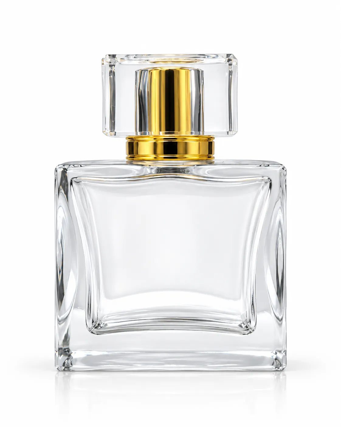 50ml empty square crimping glass perfume bottle with transparent cap and gold detailing – Bio Shop™ Pakistan