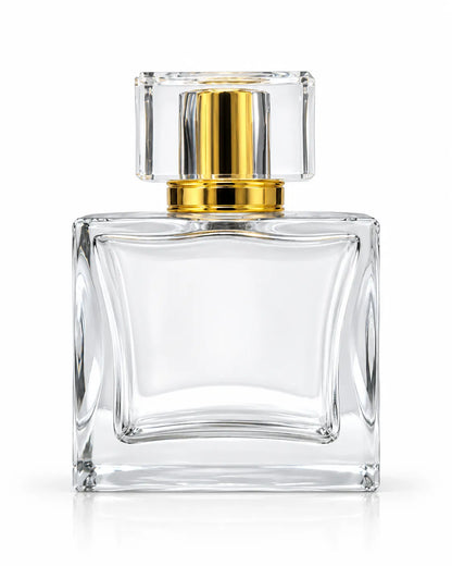 50ml empty square crimping glass perfume bottle with transparent cap and gold detailing – Bio Shop™ Pakistan