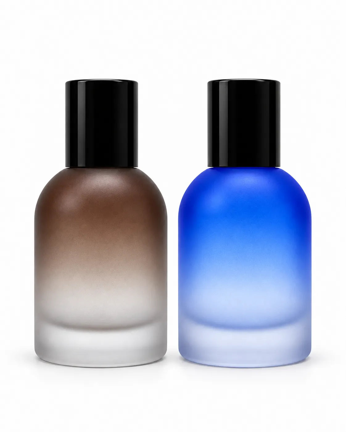 Brown and blue 50ml frosted crimping perfume bottles with glossy black caps on a white background