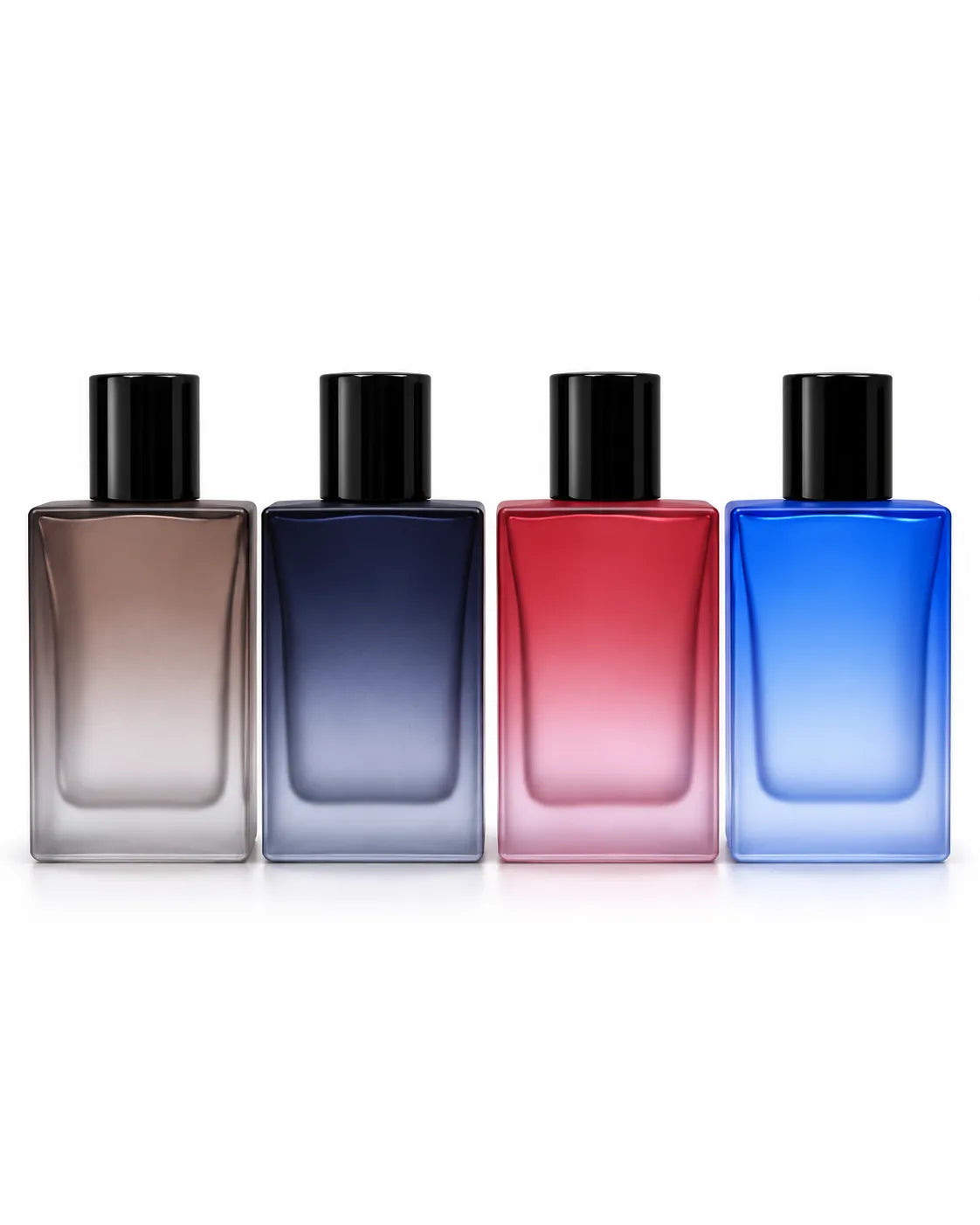 50ml frosted glass crimping perfume bottles in Brown, Navy Blue, Red and Blue with black caps – Bio Shop™ Pakistan