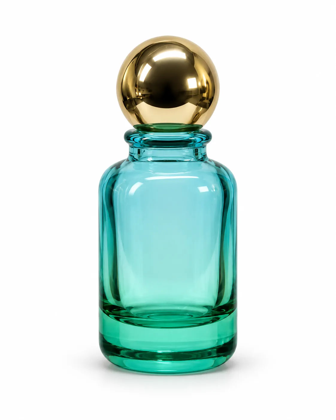 50ml blue-to-pink ombre glass perfume bottle with a reflective gold spherical cap