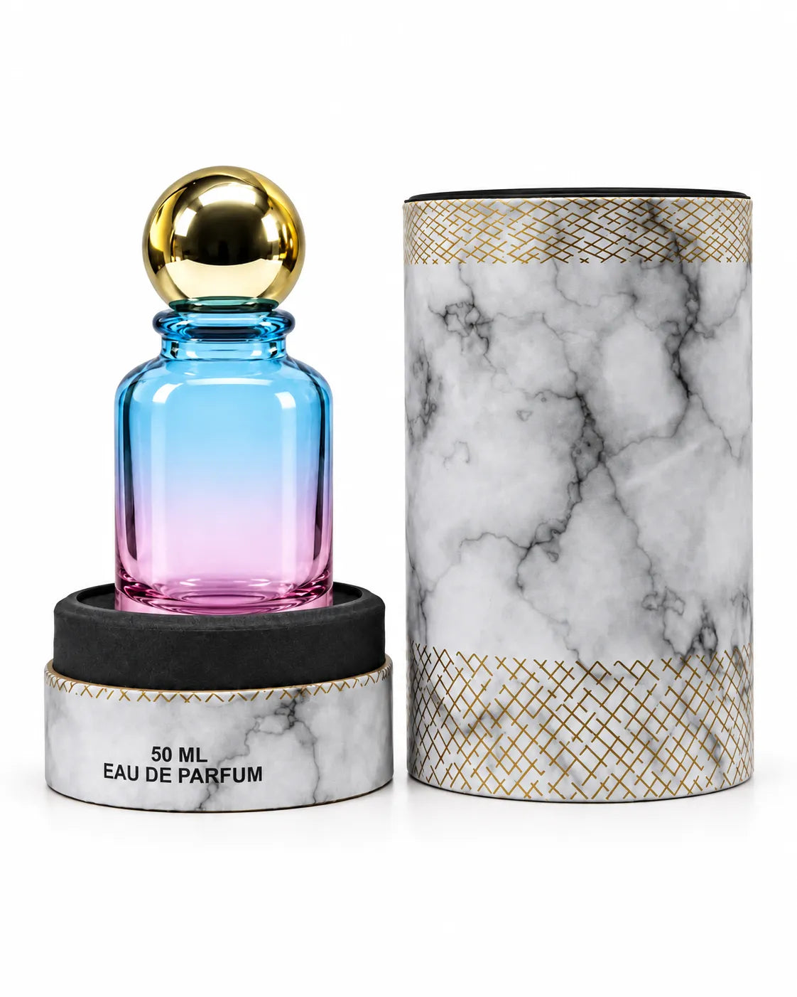 50ml cylindrical perfume packaging box with marble design, gold detailing and black foam bottle insert – Bio Shop™ Pakistan
