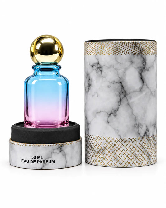 50ml cylindrical perfume packaging box with marble design, gold detailing and black foam bottle insert – Bio Shop™ Pakistan