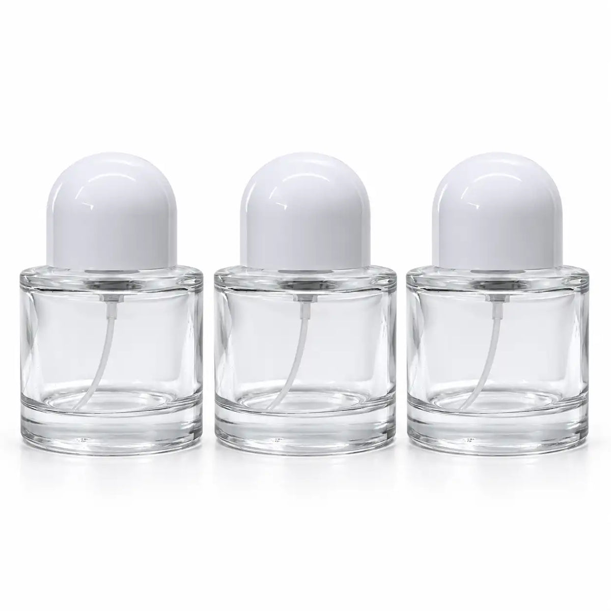 50ml empty crimp neck perfume bottle with fine mist spray and white dome cap