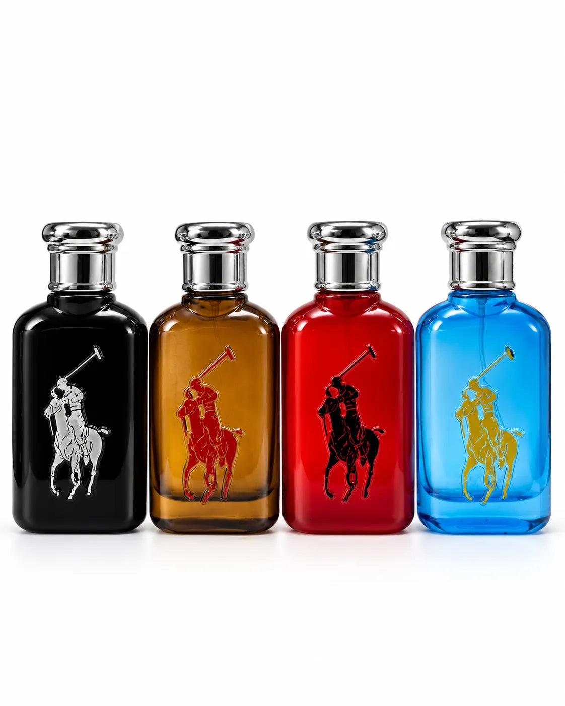 50ml premium Polo style glass perfume bottles in black, brown, red and blue with silver caps and decorative polo player emblems at Bio Shop Pakistan.