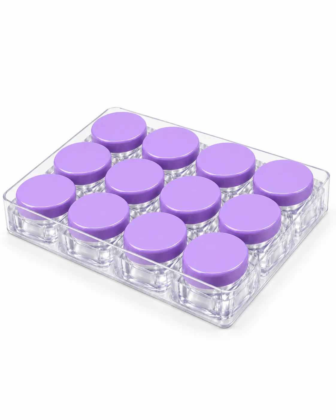 Empty 5gm clear square lip balm jars with orange screw lids arranged in a transparent tray