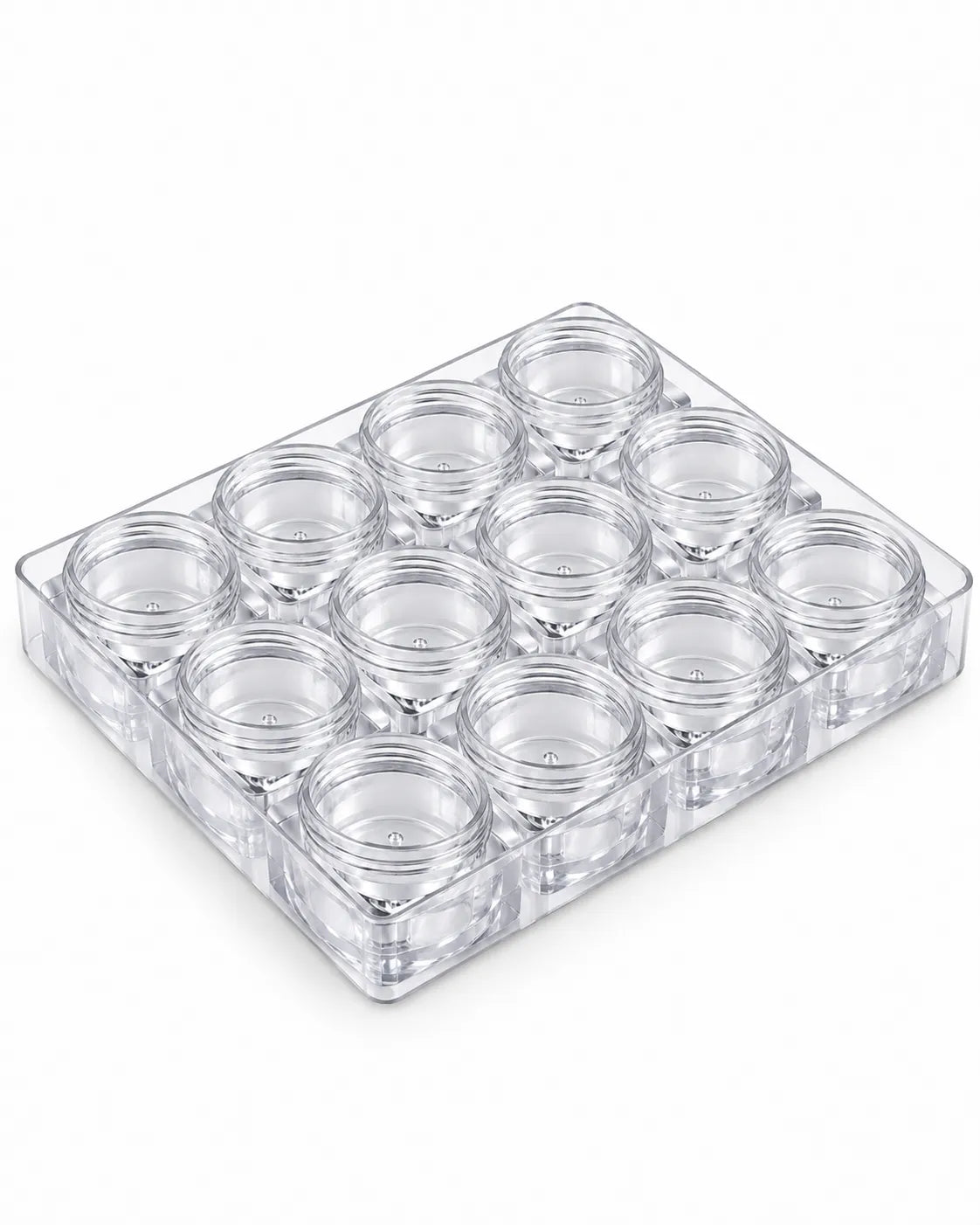 Empty 5gm clear square lip balm jar with an orange screw-on lid against a white background