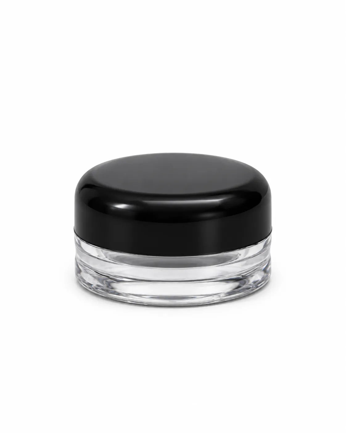 12 empty 5gm round cosmetic jars with black screw lids arranged on white background