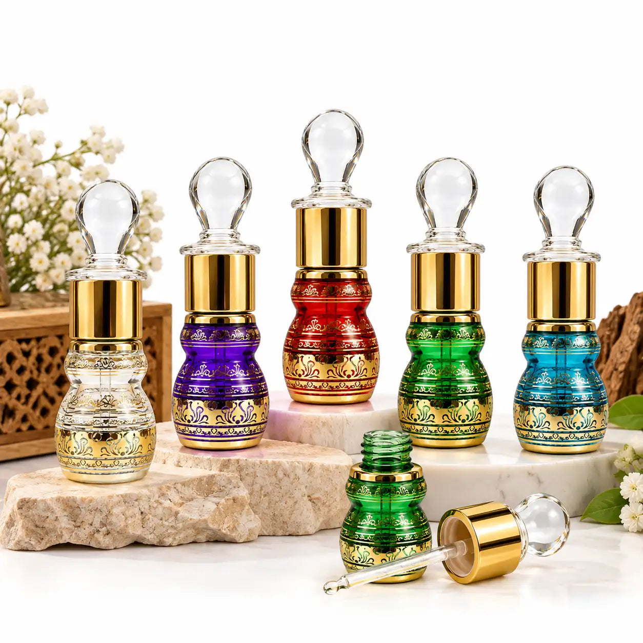 Premium empty 6ml Arabic attar bottle with gold decorative design and glass stick applicator
