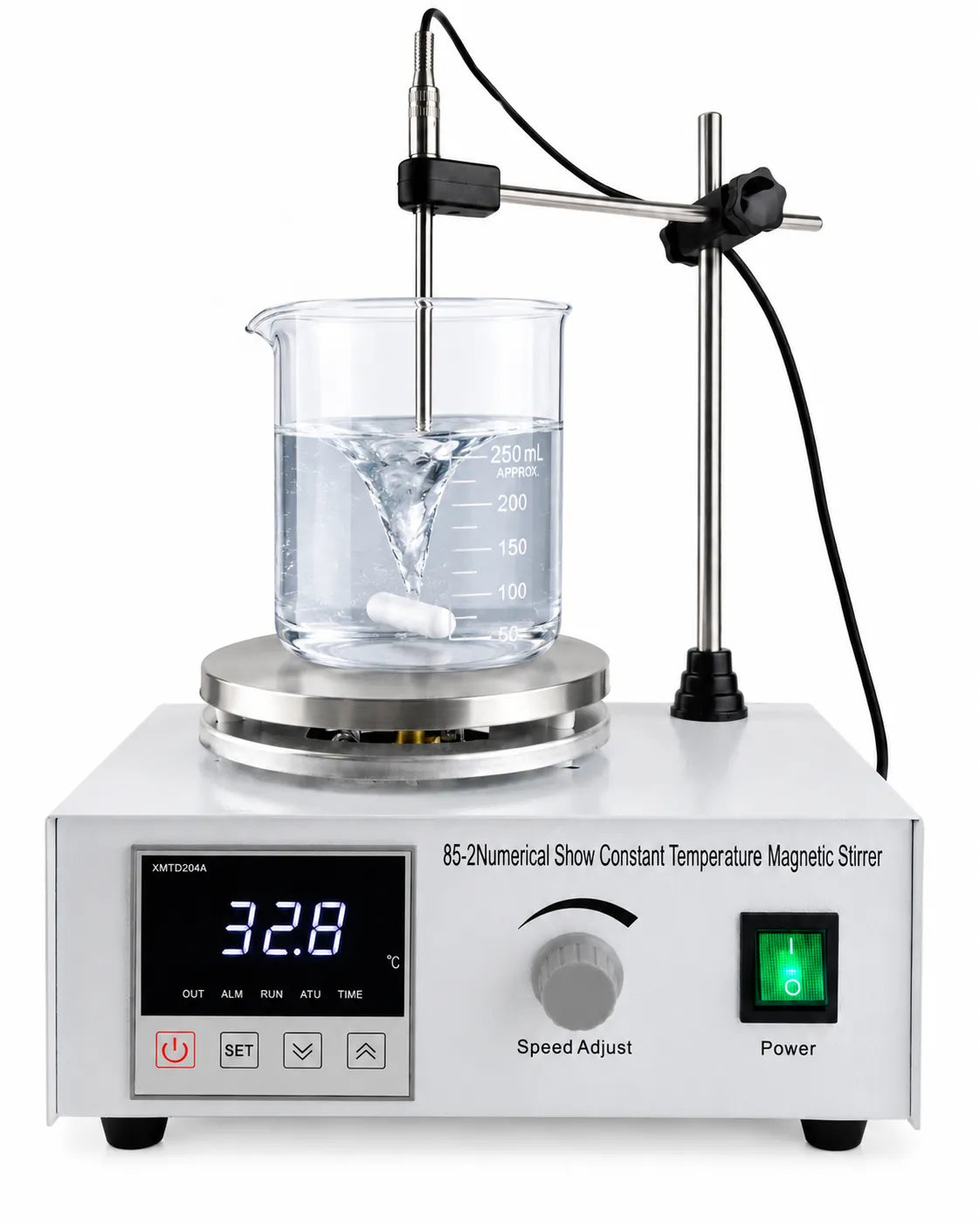 85-2 digital magnetic stirrer with temperature display, speed control and probe on white background