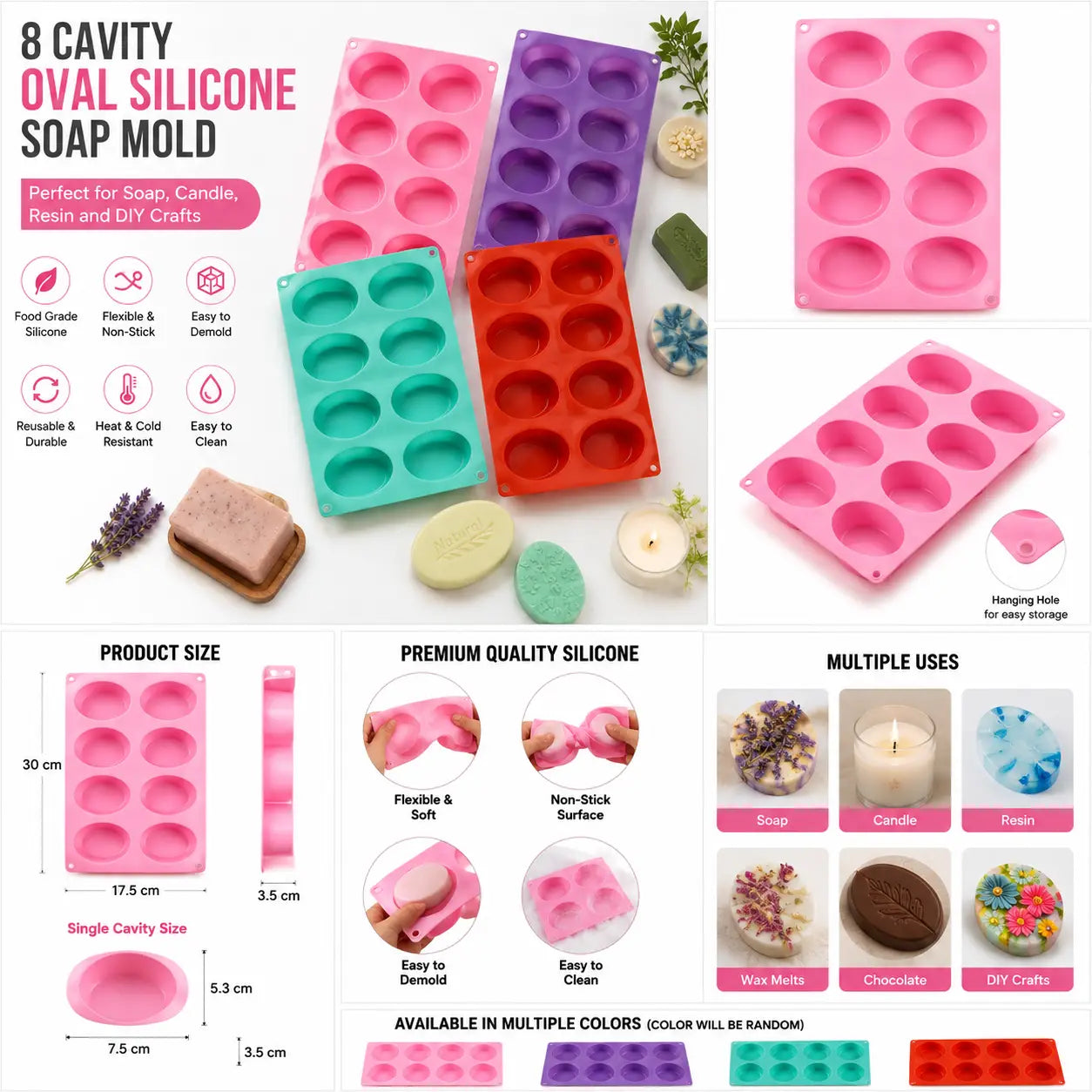 A collage showing several silicone soap molds in different colors, including pink, purple, teal, and red-orange. The image includes product photos of filled soap bars, usage examples for soap, candle, resin, and DIY crafts, dimensions labeled for the cavity, and text noting multiple uses and availability in multiple colors.