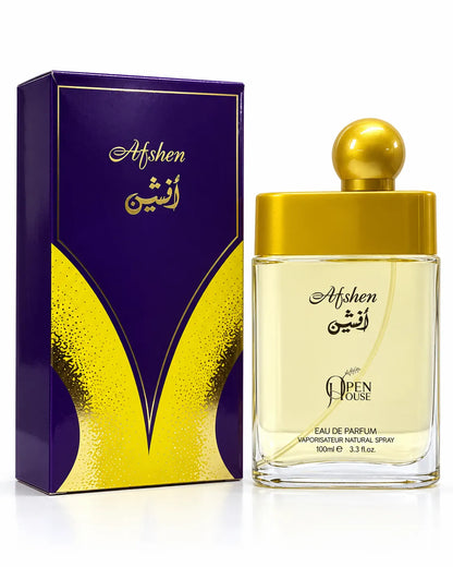 Afshen 100ml perfume in clear glass bottle featuring elegant Arabic-inspired branding