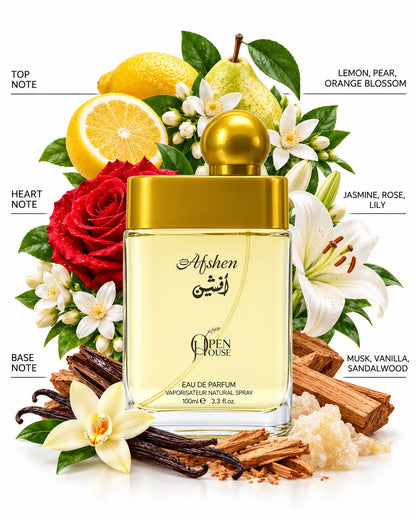 Afshen Open House 100ml Eau de Parfum pale yellow perfume bottle with golden spherical cap